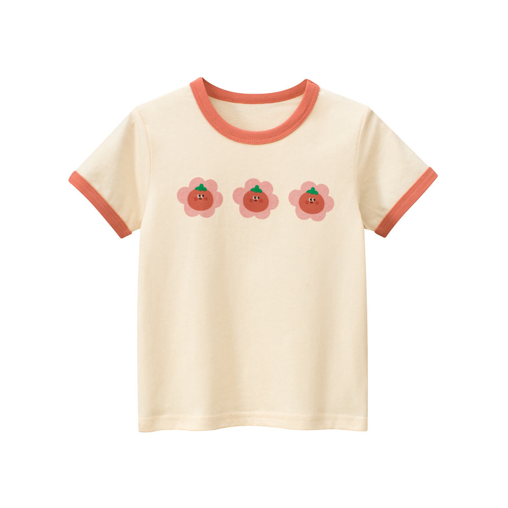 Color-matched short-sleeved T-shirt with floral crew neck