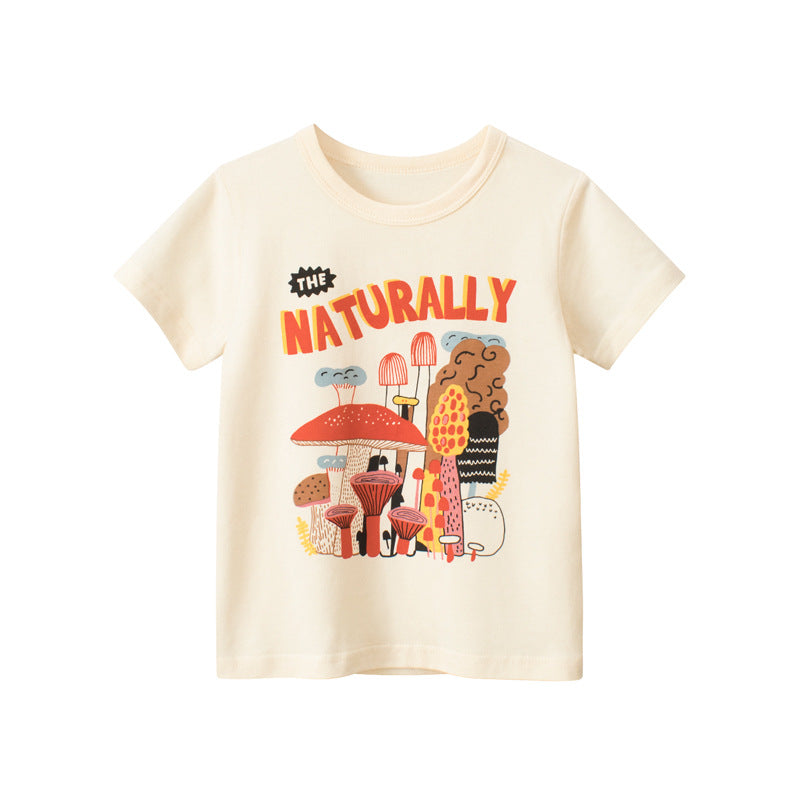 Apricot cartoon print short-sleeved T-shirt