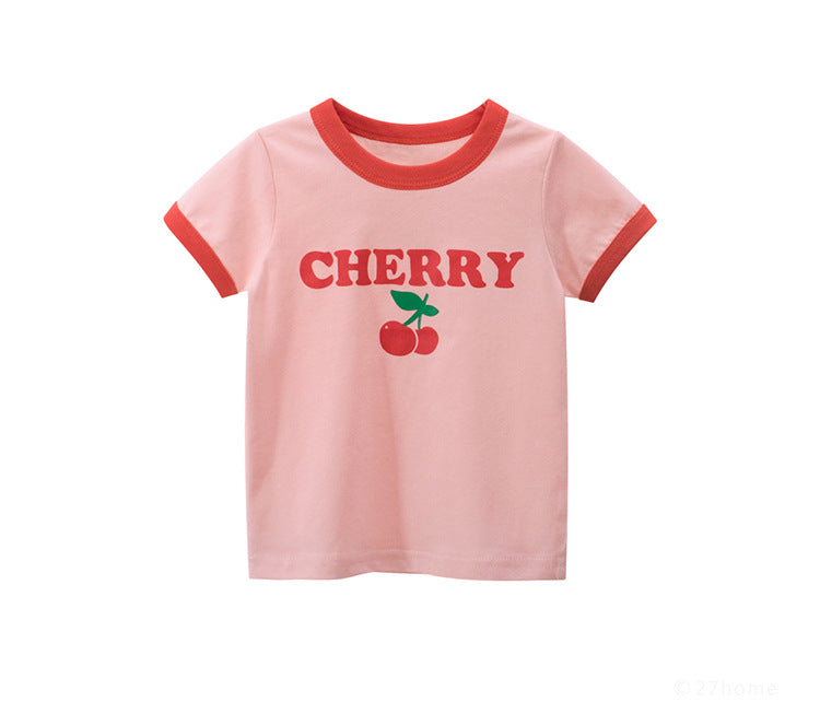 Short-sleeved cotton T-shirt with strawberry pink print