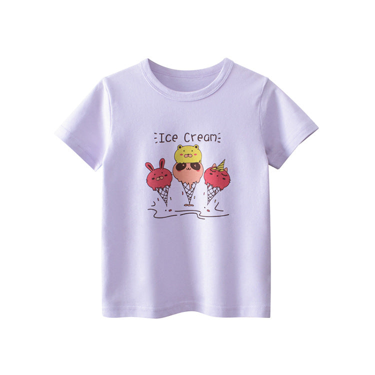 Purple Ice Cream Printed Round Neck Short Sleeve T-Shirt