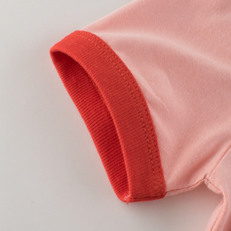Short-sleeved cotton T-shirt with strawberry pink print