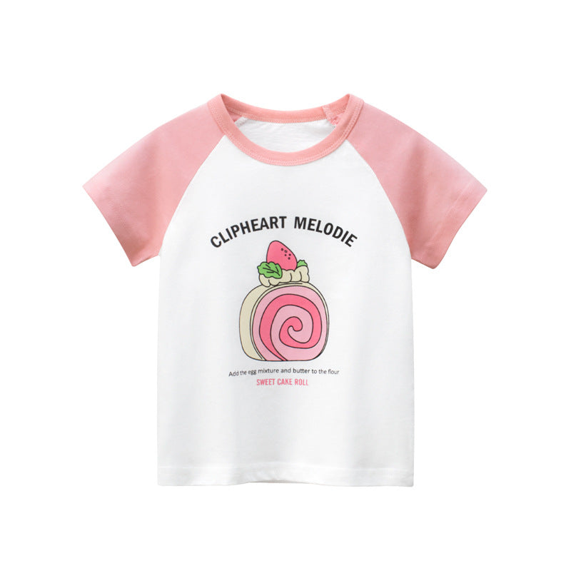 Short sleeve T-shirt combined with round neck with cake flowers
