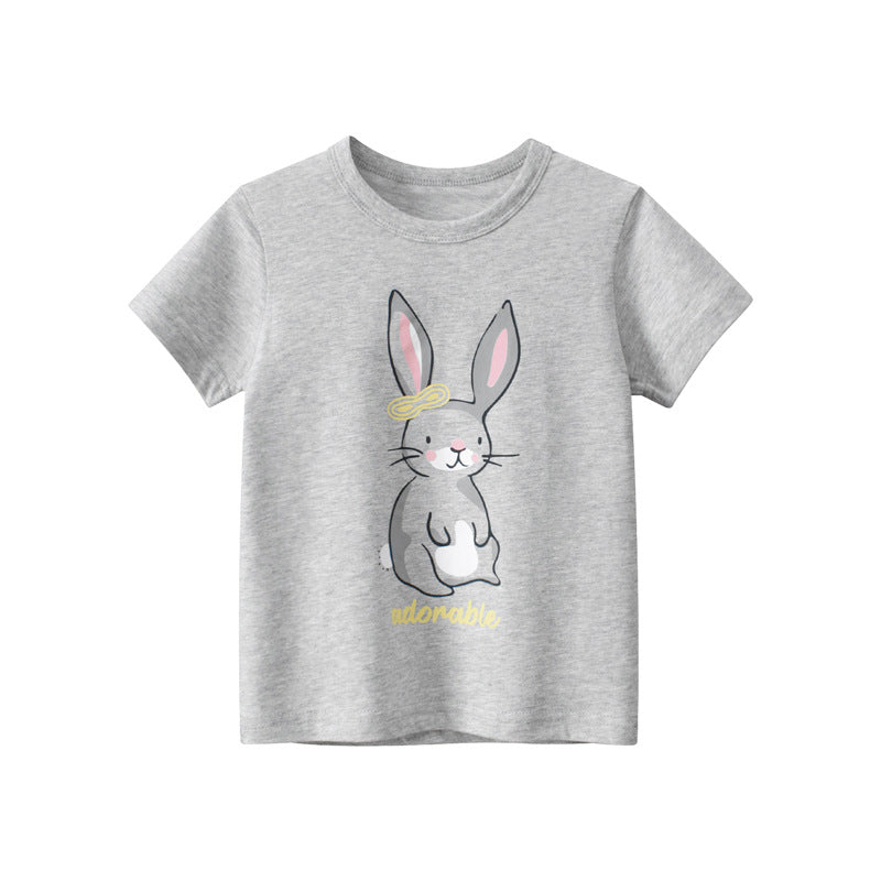 Gray Cartoon Rabbit Crew Neck Short Sleeve T-Shirt