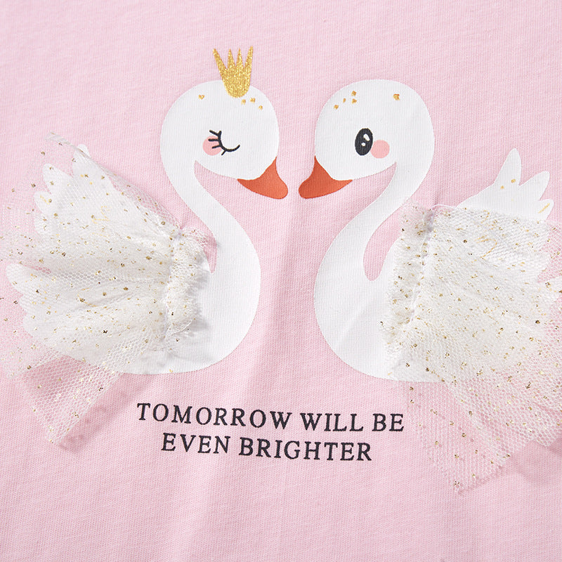 Kids Short Sleeve T-Shirt with Round Neck Printed Cute Pink Swan