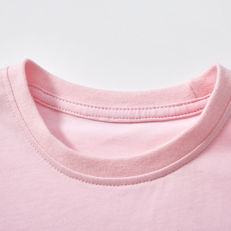Kids Short Sleeve T-Shirt with Round Neck Printed Cute Pink Swan