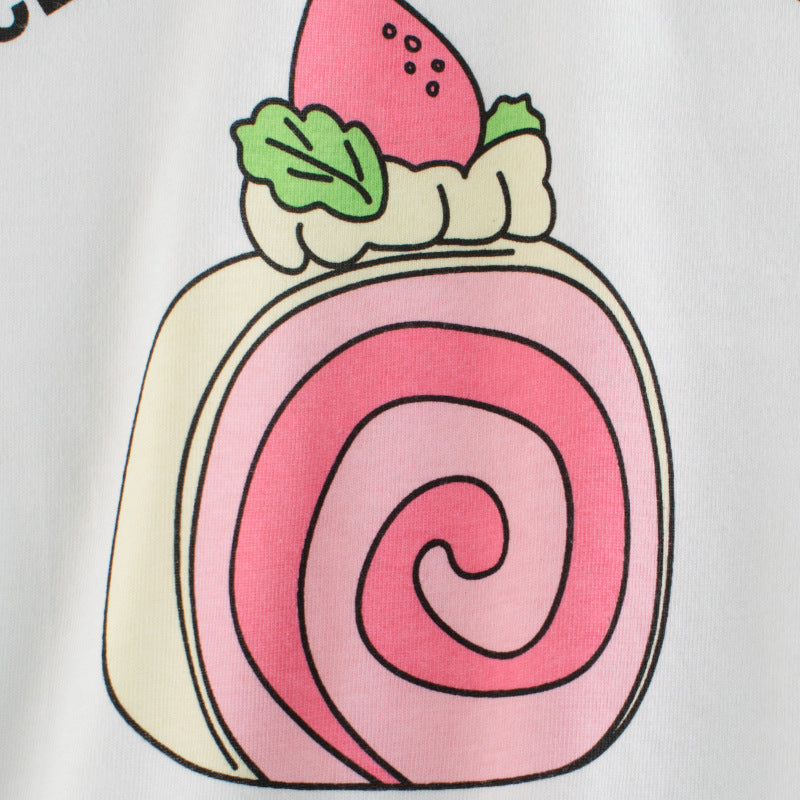 Short sleeve T-shirt combined with round neck with cake flowers