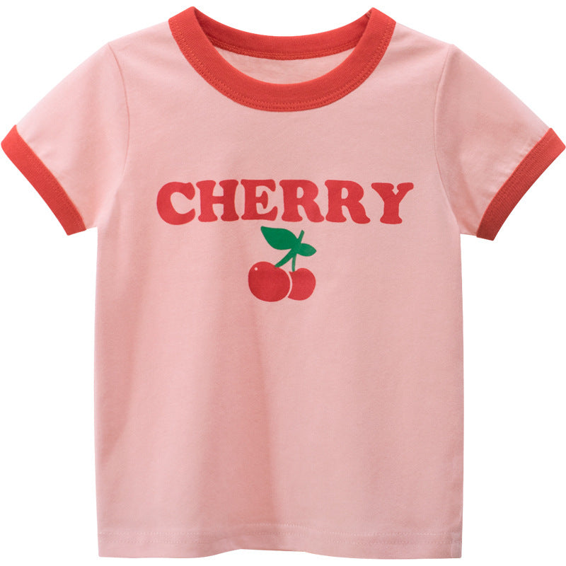 Short-sleeved cotton T-shirt with strawberry pink print