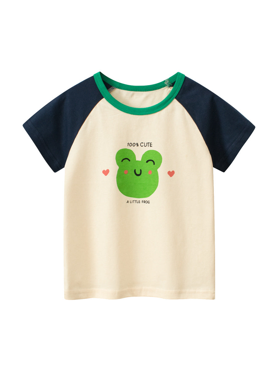 Cartoon Frog Color Block Crew Neck Short Sleeve T-Shirt
