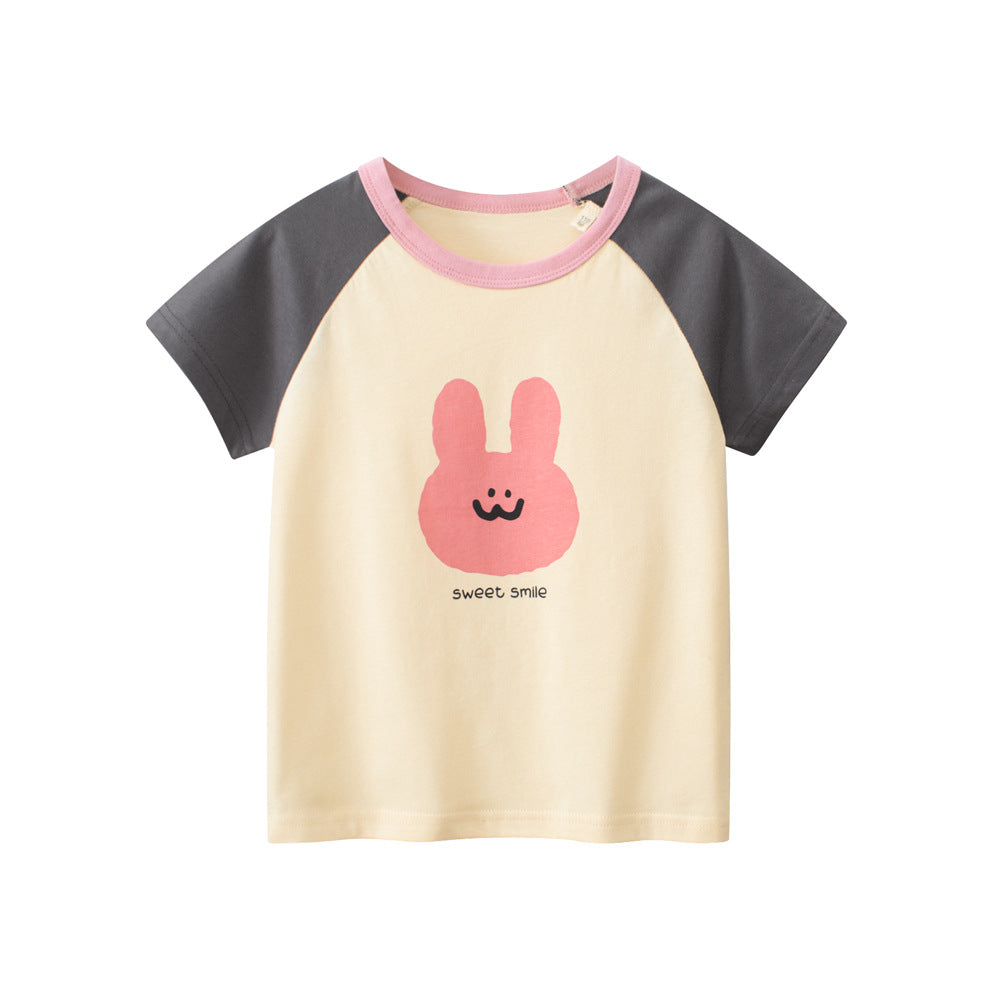 Cartoon rabbit round neck color matching short sleeve T-shirt