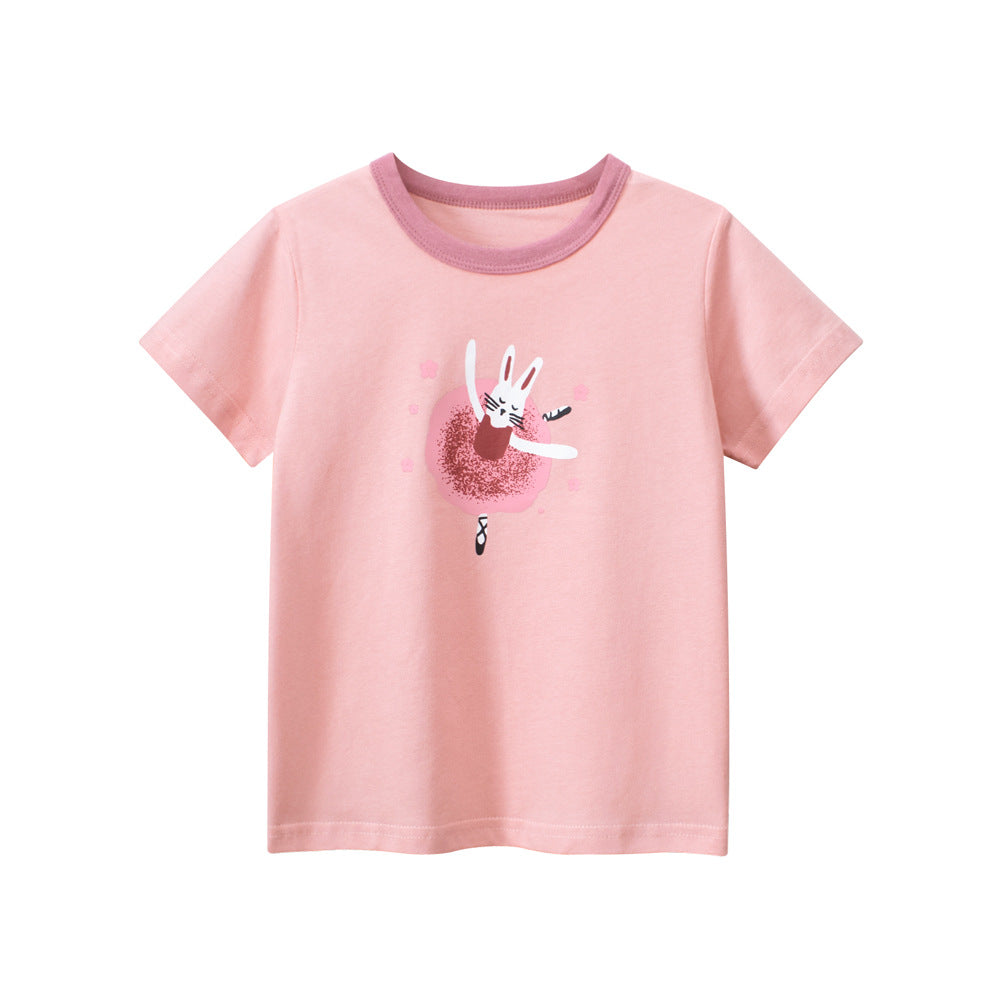 Cartoon Rabbit Pink Round Collar Short Sleeve T-Shirt