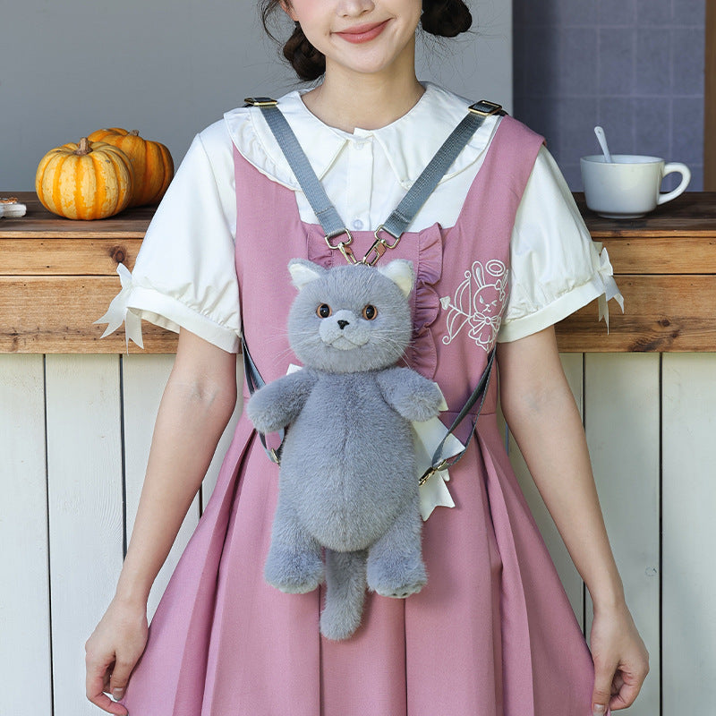Adorable Handmade Lifelike Plush Blue Kitten Backpack