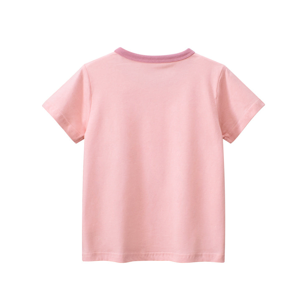 Cartoon Rabbit Pink Round Collar Short Sleeve T-Shirt