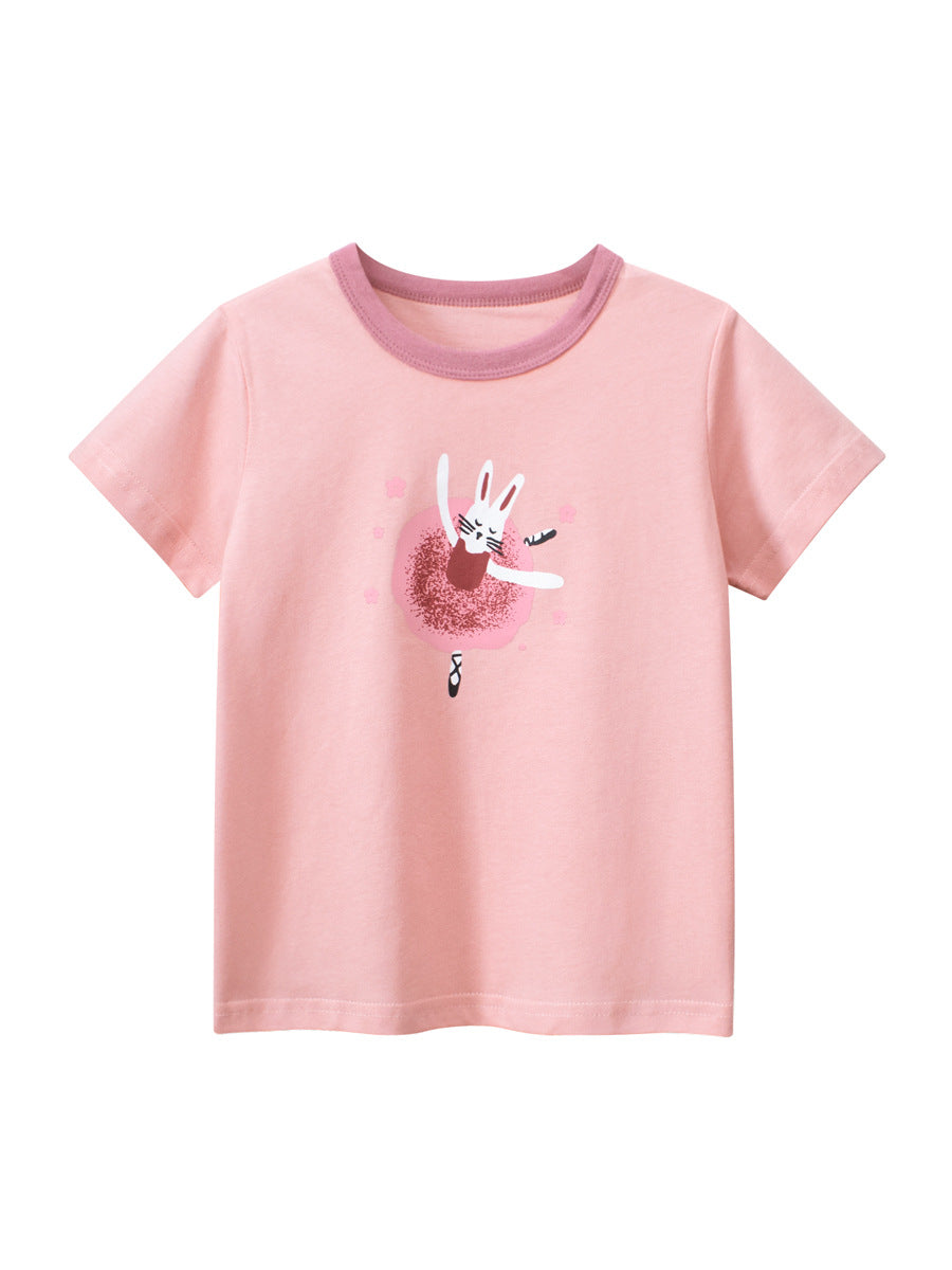 Cartoon Rabbit Pink Round Collar Short Sleeve T-Shirt