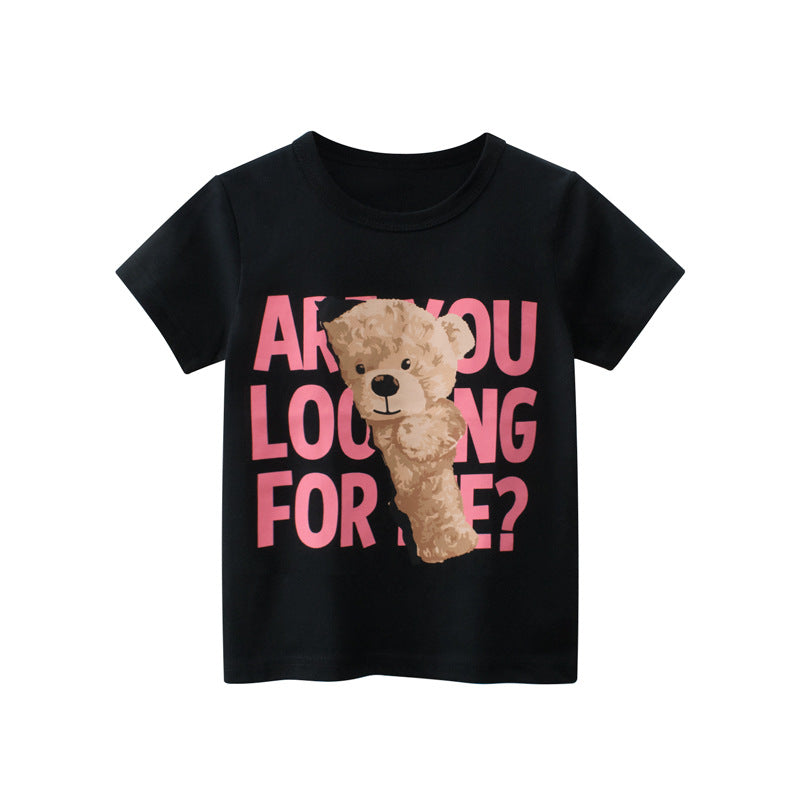 Cartoon Letter Round Neck Short Sleeve T-Shirt