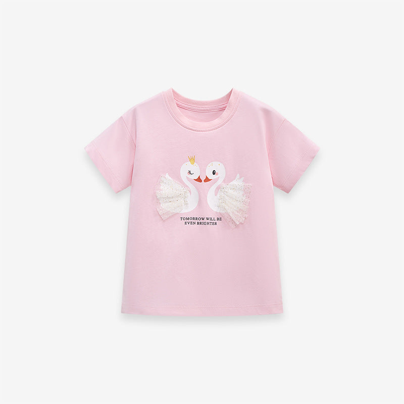Kids Short Sleeve T-Shirt with Round Neck Printed Cute Pink Swan