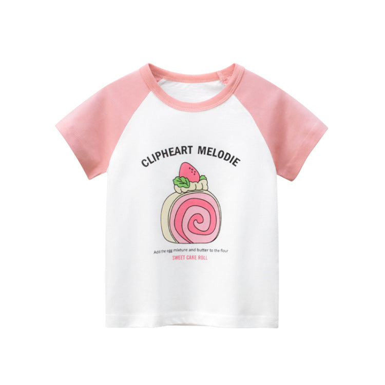 Short sleeve T-shirt combined with round neck with cake flowers
