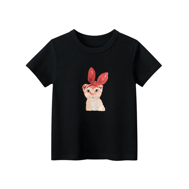 Black Kitten Crew Neck Short Sleeve T-Shirt