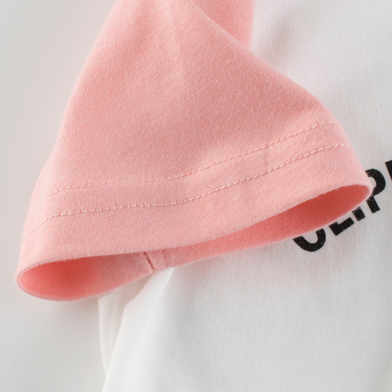 Short sleeve T-shirt combined with round neck with cake flowers