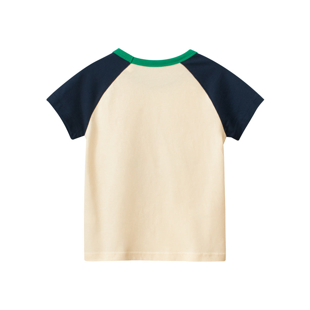 Cartoon Frog Color Block Crew Neck Short Sleeve T-Shirt