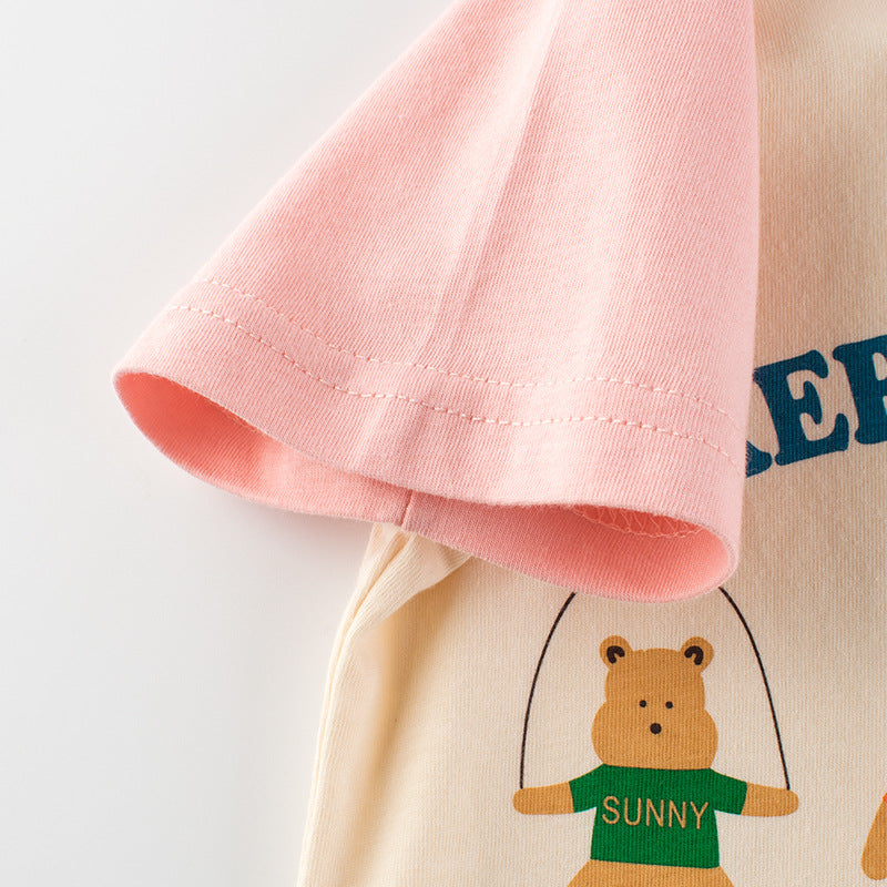 Cartoon Bear Letter Cotton Round Neck Short Sleeve T-shirt