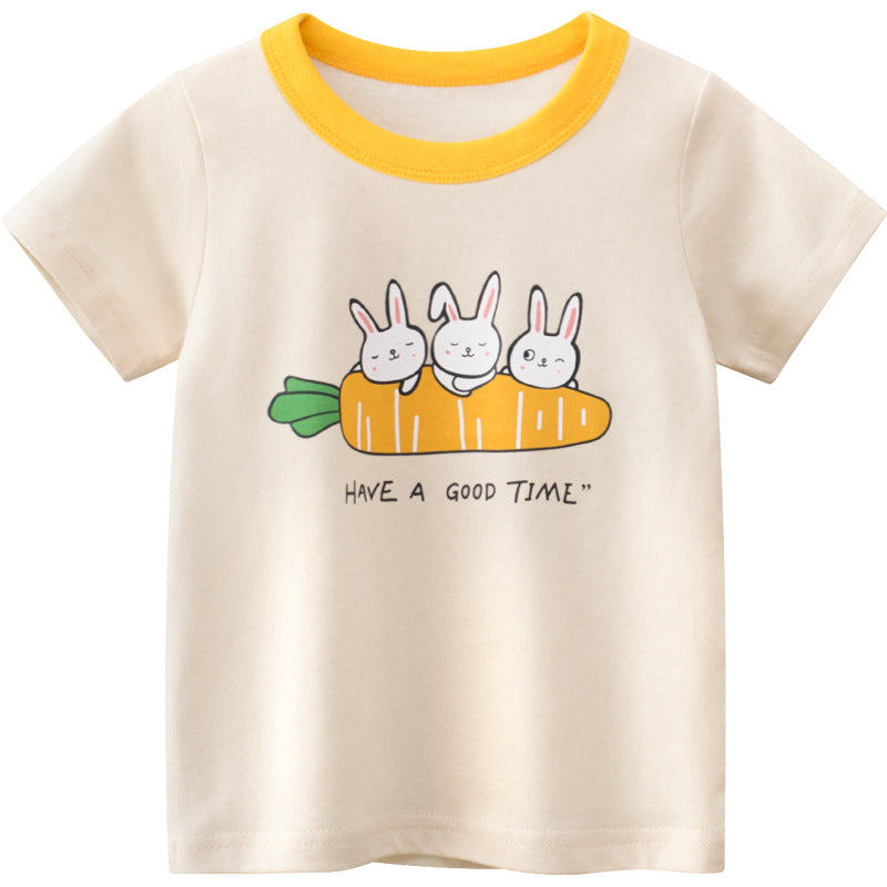 Cartoon Rabbit Carrot Round Neck Short Sleeve T-Shirt