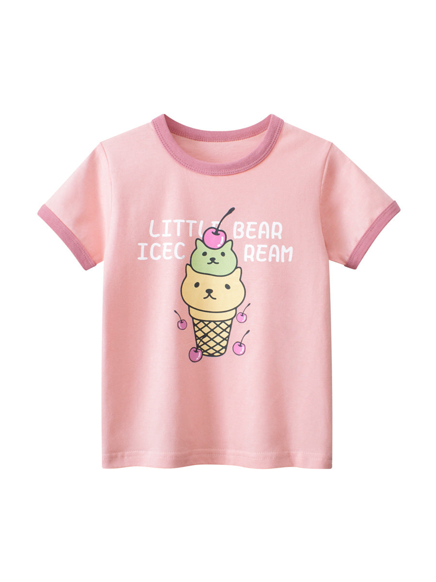 Pink Ice Cream Print Crew Neck Short Sleeve T-Shirt