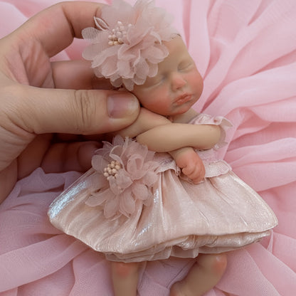 6 Inches Closed Eyes Mini Silicone Loulou Reborn Doll Girl In Pink Dress