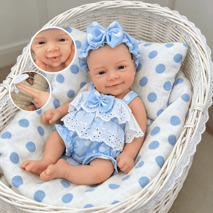30cm Open Eyes Smile Sebastian Silicone Reborn Baby Girl in Blue Polk Dot Bodysuits