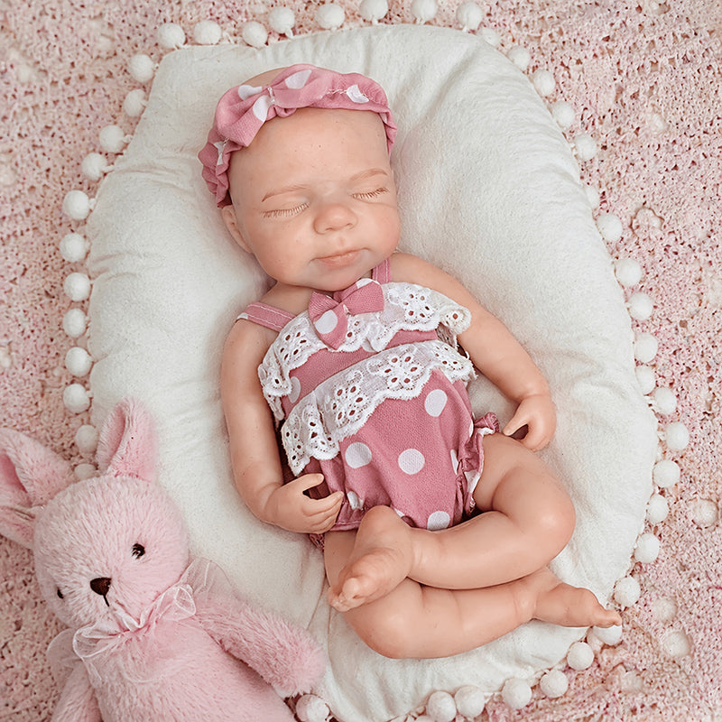 30cm Full Silicone Closed Eyes Pascale Reborn Doll Girl In Pink polka dots Clothes
