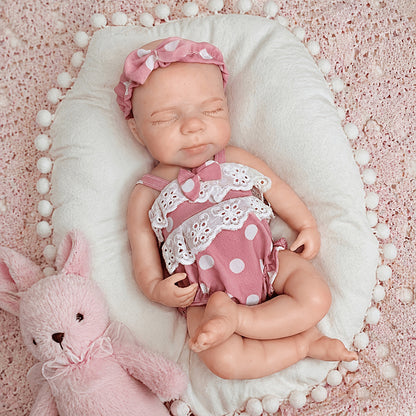 30cm Full Silicone Closed Eyes Pascale Reborn Doll Girl In Pink polka dots Clothes