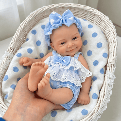30cm Open Eyes Smile Sebastian Silicone Reborn Baby Girl in Blue Polk Dot Bodysuits