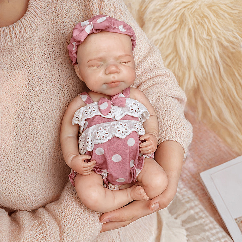 30cm Full Silicone Closed Eyes Pascale Reborn Doll Girl In Pink polka dots Clothes