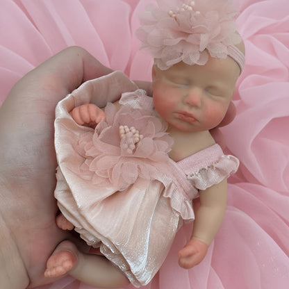 6 Inches Closed Eyes Mini Silicone Loulou Reborn Doll Girl In Pink Dress