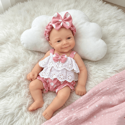 30cm Open Eyes Smile Sebastian Silicone Reborn Baby Girl in Pink Polk Dot Bodysuits