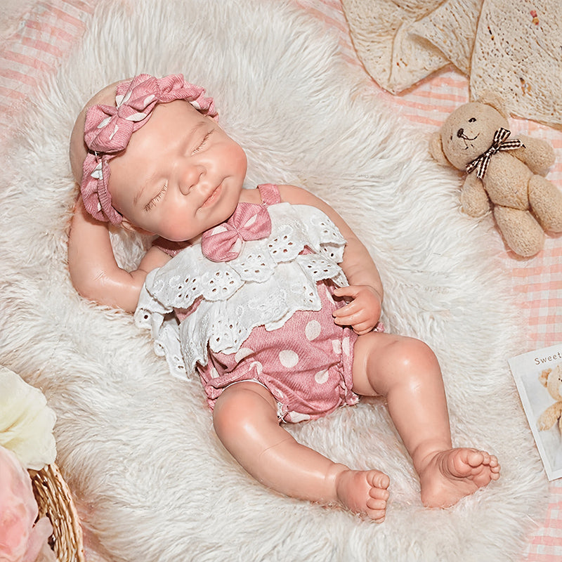 30cm Full Silicone Closed Eyes Pascale Reborn Doll Girl In Pink polka dots Clothes