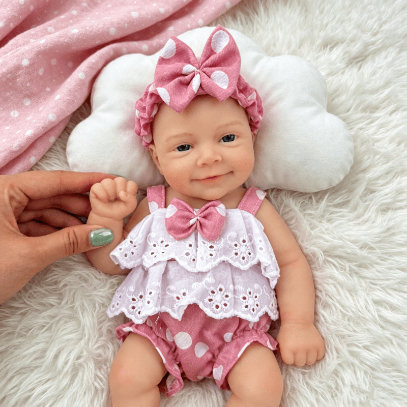 30cm Open Eyes Smile Sebastian Silicone Reborn Baby Girl in Pink Polk Dot Bodysuits