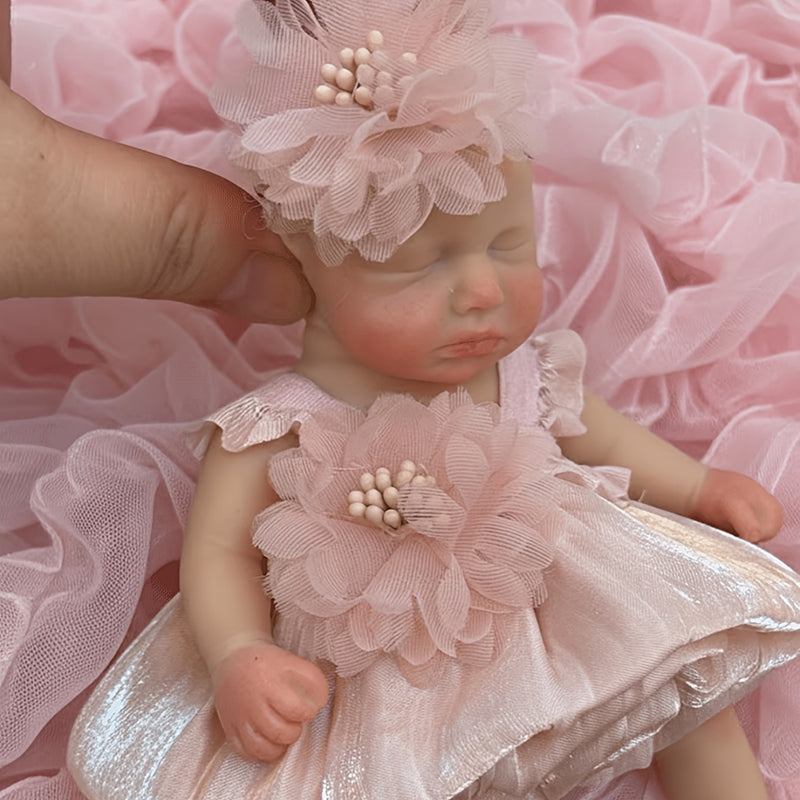 6 Inches Closed Eyes Mini Silicone Loulou Reborn Doll Girl In Pink Dress