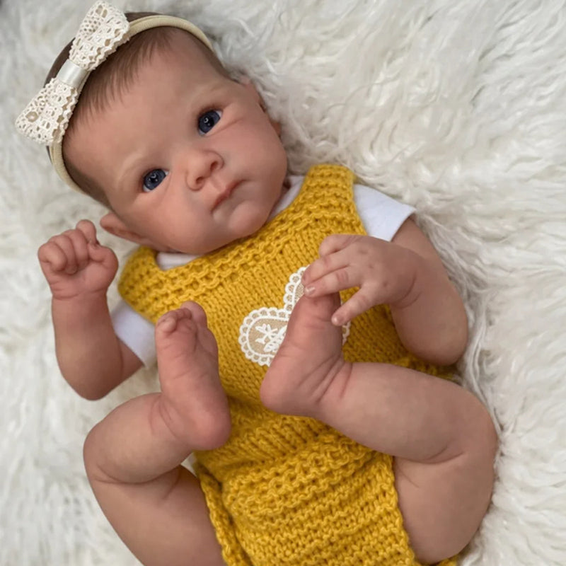 18 Inches Blue Eyes Bettie Reborn Baby Girl In Yellow Knitted Overalls
