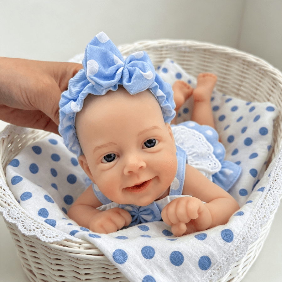 30cm Open Eyes Smile Sebastian Silicone Reborn Baby Girl in Blue Polk Dot Bodysuits