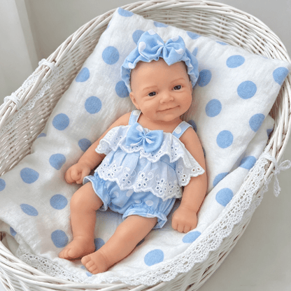 30cm Open Eyes Smile Sebastian Silicone Reborn Baby Girl in Blue Polk Dot Bodysuits