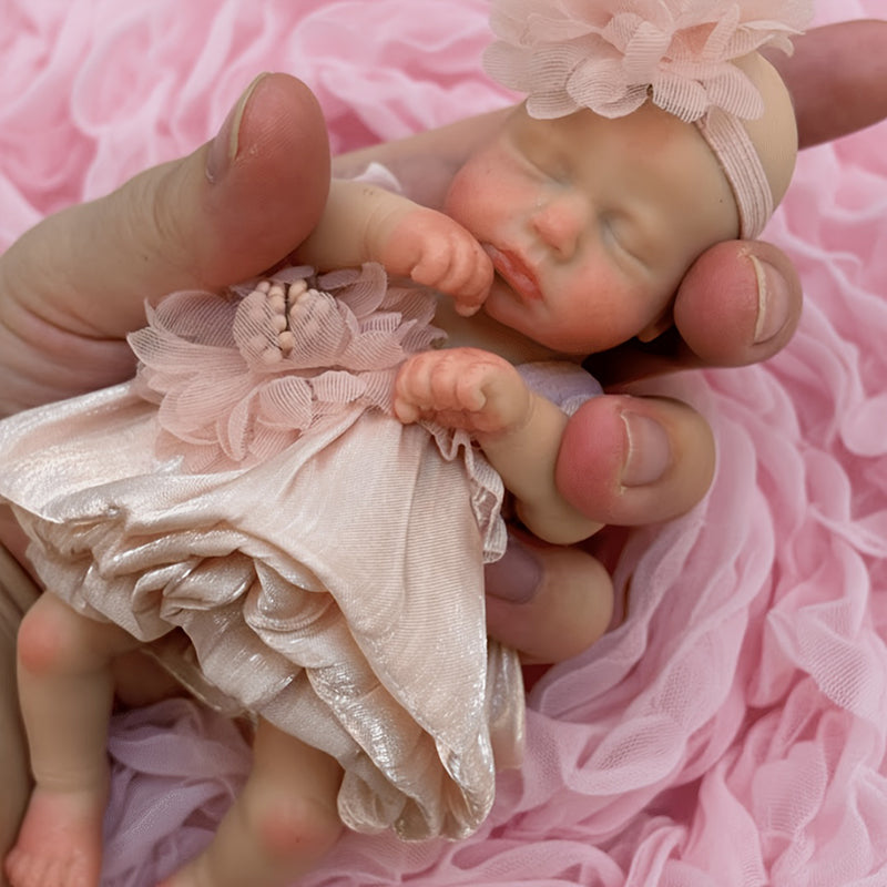 6 Inches Closed Eyes Mini Silicone Loulou Reborn Doll Girl In Pink Dress