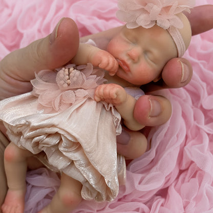 6 Inches Closed Eyes Mini Silicone Loulou Reborn Doll Girl In Pink Dress