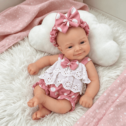 30cm Open Eyes Smile Sebastian Silicone Reborn Baby Girl in Pink Polk Dot Bodysuits