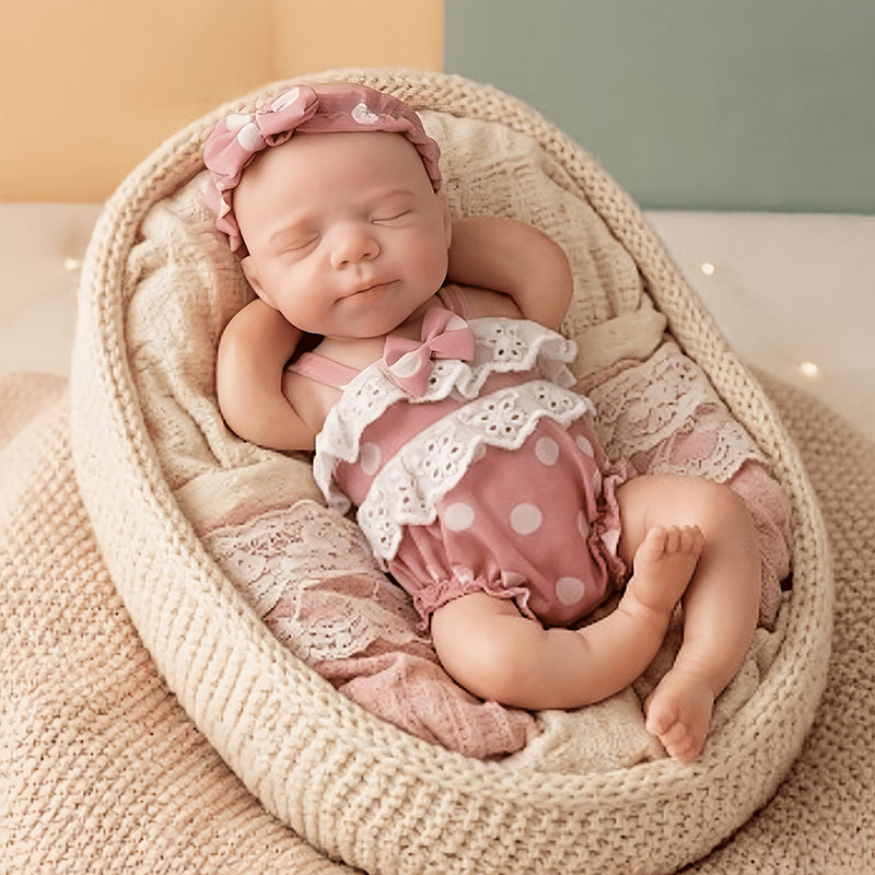30cm Full Silicone Closed Eyes Pascale Reborn Doll Girl In Pink polka dots Clothes