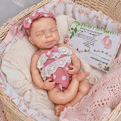 30cm Full Silicone Closed Eyes Pascale Reborn Doll Girl In Pink polka dots Clothes