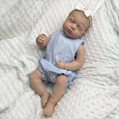 20 Inches 3D Skin Closed Eyes Loulou Reborn Baby Girl In Blue plaid romper