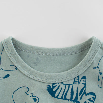 Green Cartoon Animal Letter Crew Neck Short Sleeve T-Shirt