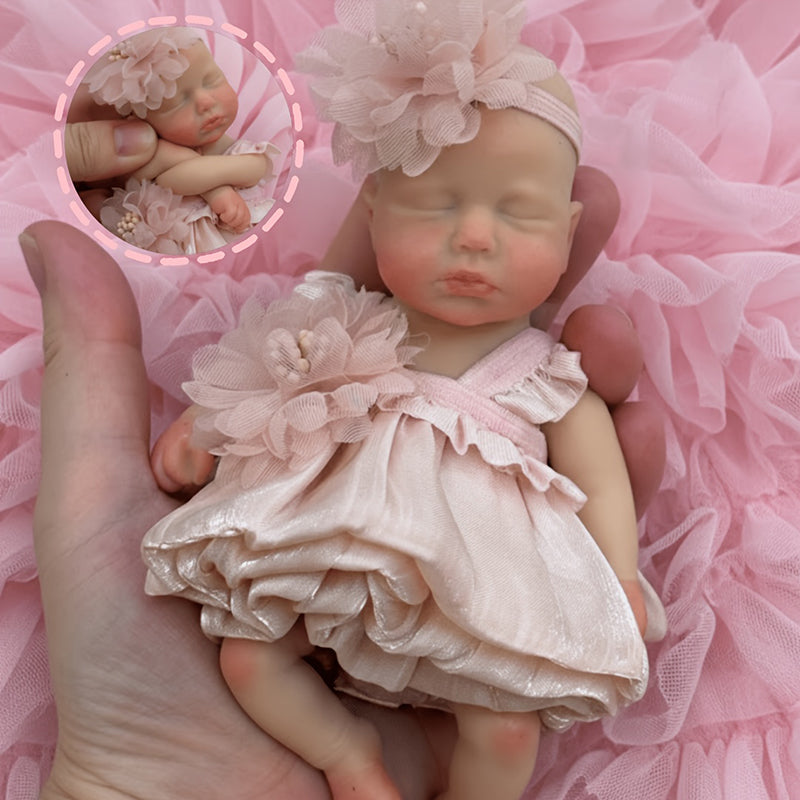 6 Inches Closed Eyes Mini Silicone Loulou Reborn Doll Girl In Pink Dress