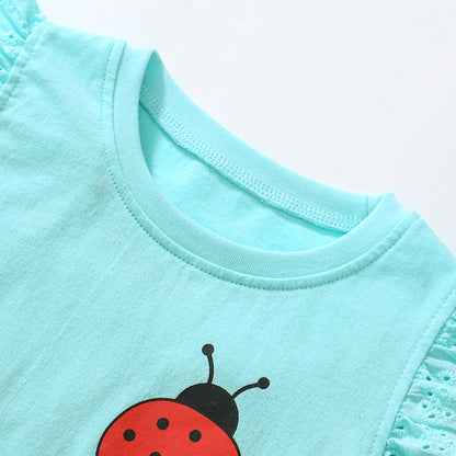 Girls' T-shirt Cotton Round Neck Short Sleeve Cartoon Insect