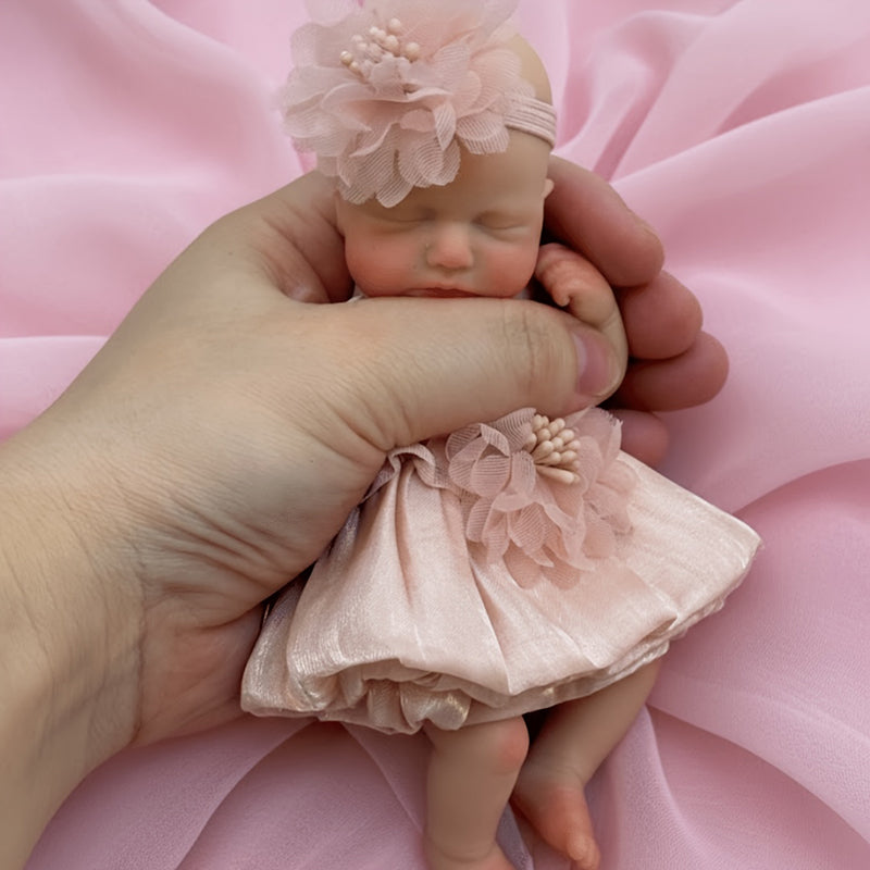 6 Inches Closed Eyes Mini Silicone Loulou Reborn Doll Girl In Pink Dress